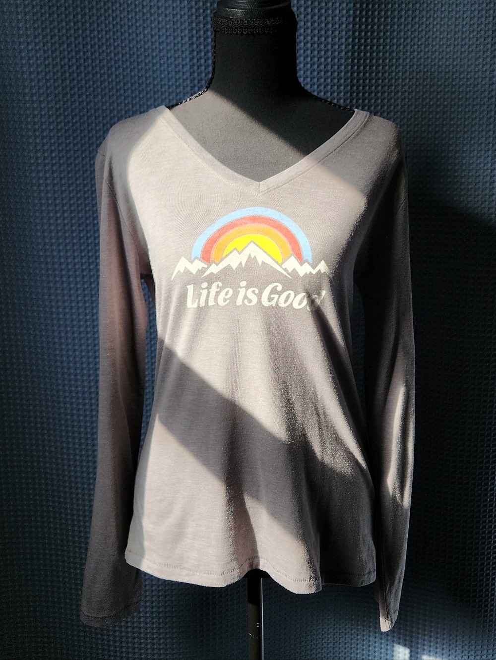 Life Is Good Brand Grey V-Neck Long Sleeve Tee with Rainbow Mountain Graphic